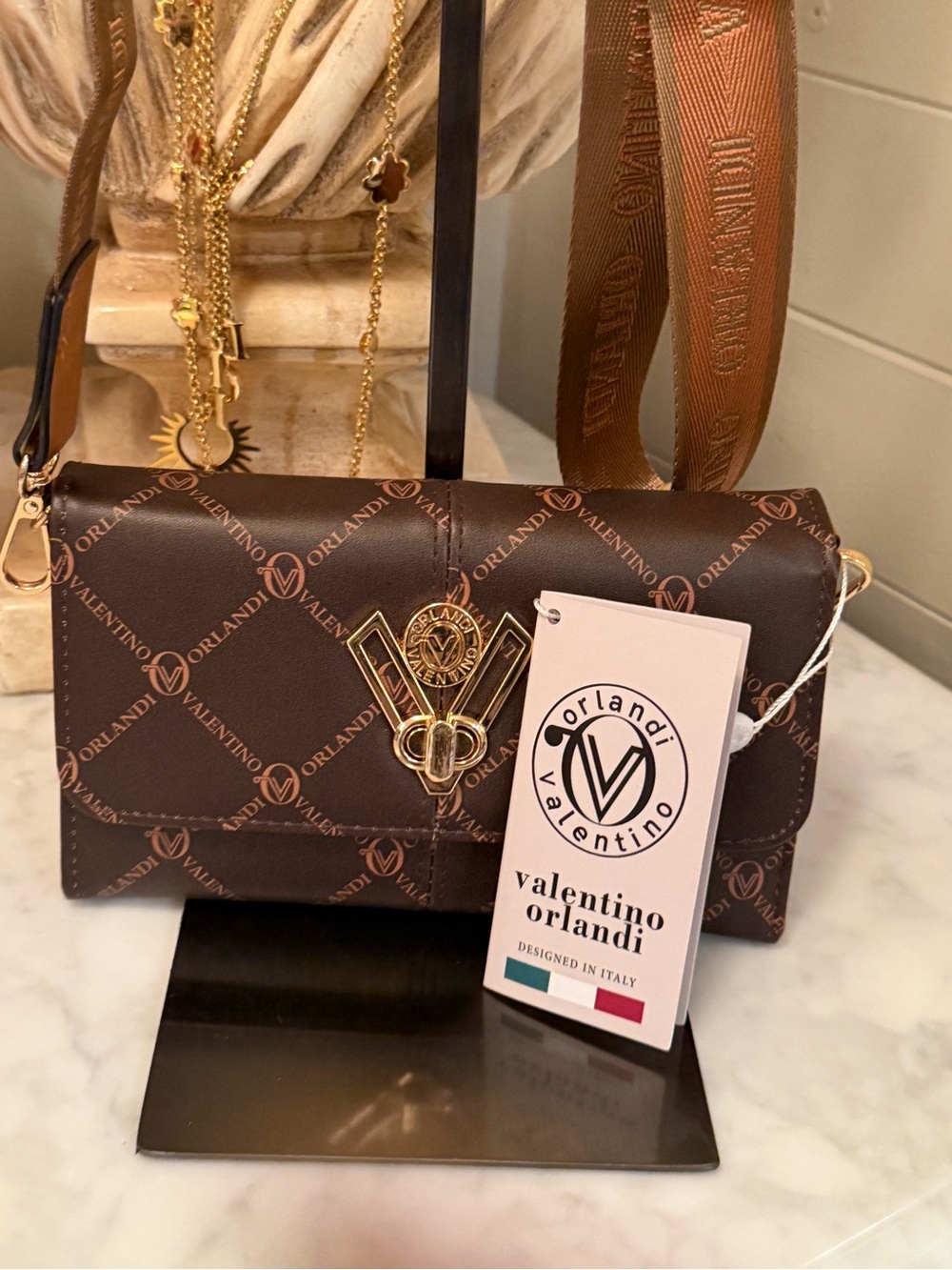 Valentino Orlandi Chocolate Brown Logo Crossbody Bag with Gold Hardware NWT